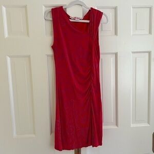 Smash! Ruched Asymmetrical Cotton Midi Dress Red and Pink Floral Detail Womens S